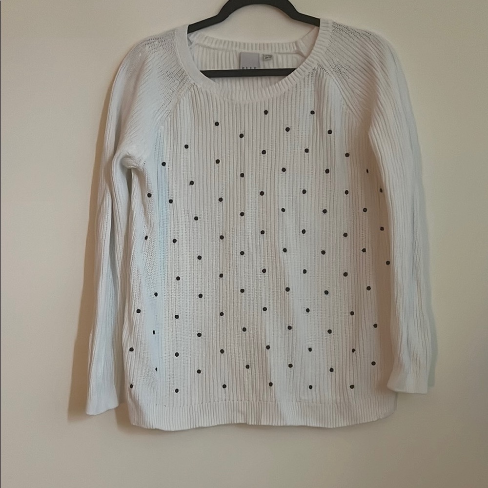 Elle White and Black Crew Neck Sweater with Classic Dots